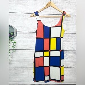 HAK Mondrian Pattern Sleeveless Scoop Neck Mini Dress Size Small Red Blue Yellow